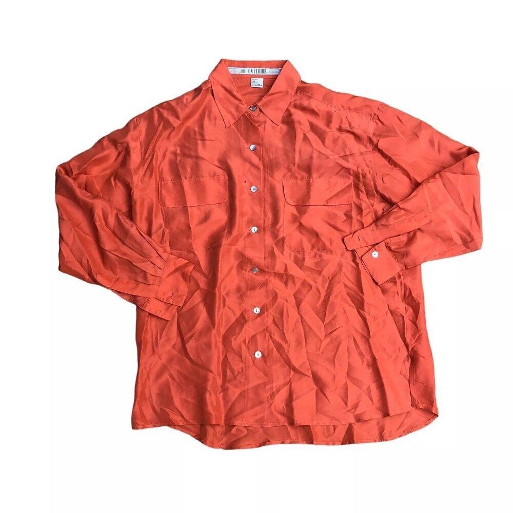 Vintage 90s EXTERIOR EREZ 100% Silk Button Up Shirt Women's LARGE Orange​​​